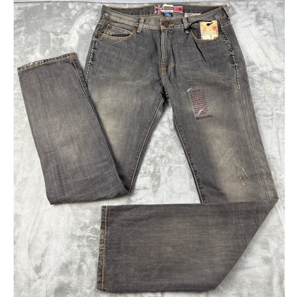 Monarchy Jeans Mens 36x34 Black Distressed Contrast Stitch NEW